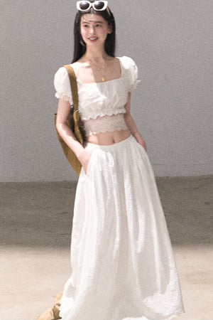 Flower Shape Cotton Lace Top And Skirt Set-Up