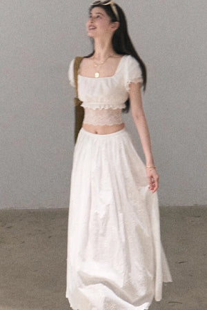 Flower Shape Cotton Lace Top And Skirt Set-Up