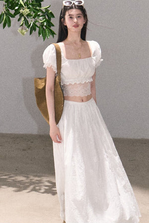 Flower Shape Cotton Lace Top And Skirt Set-Up