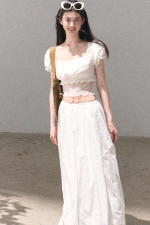 Flower Shape Cotton Lace Top And Skirt Set-Up