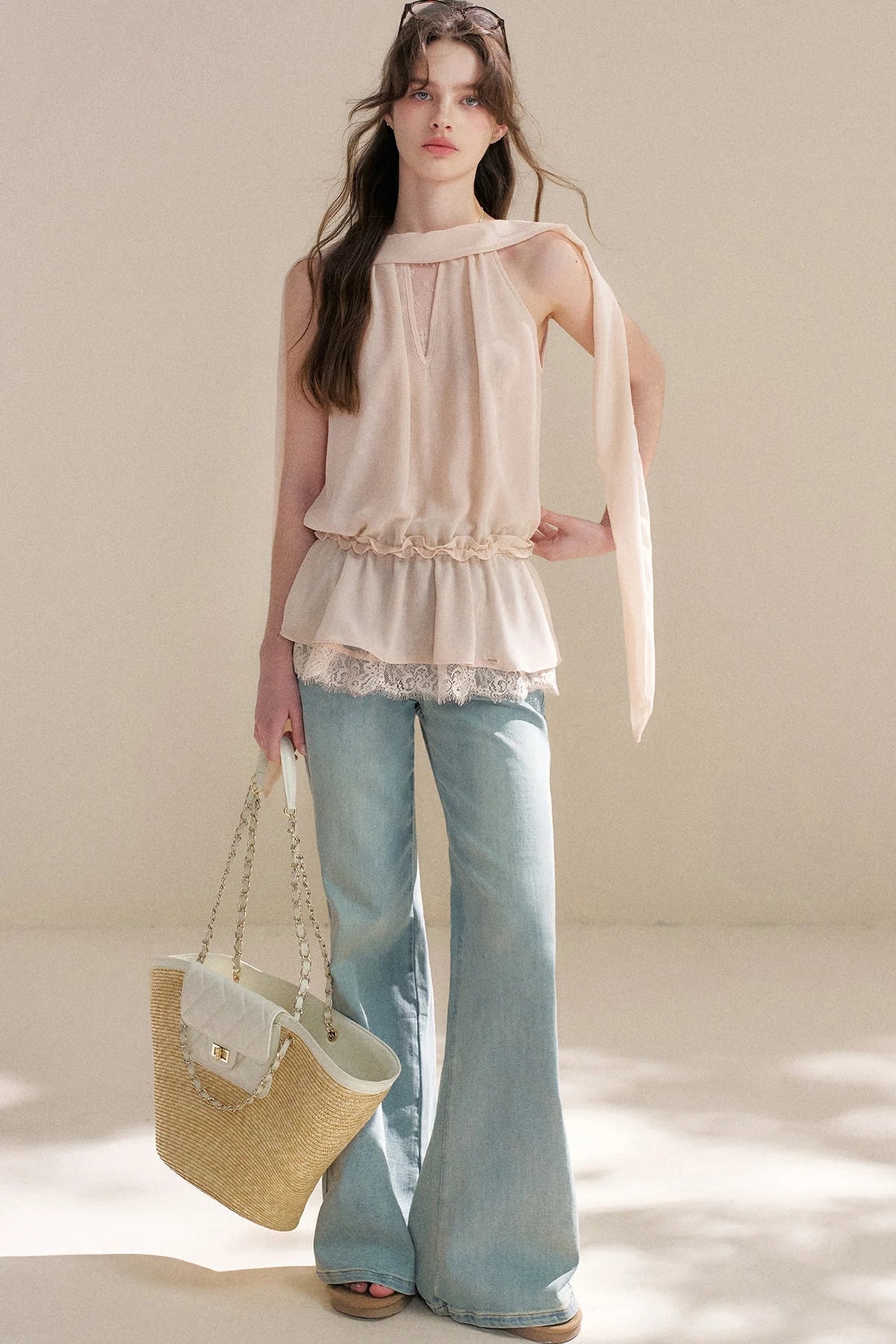 French Chiffon Lace Ribbon Top
