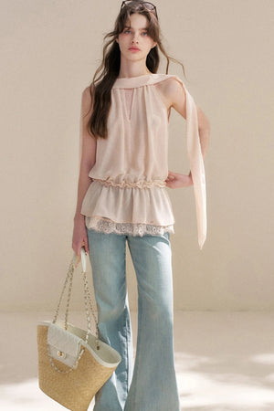 French Chiffon Lace Ribbon Top