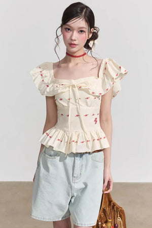 French Floral Ruffle Blouse