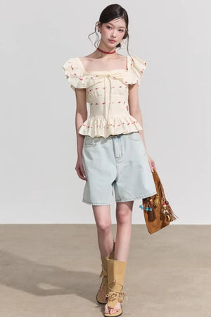 French Floral Ruffle Blouse