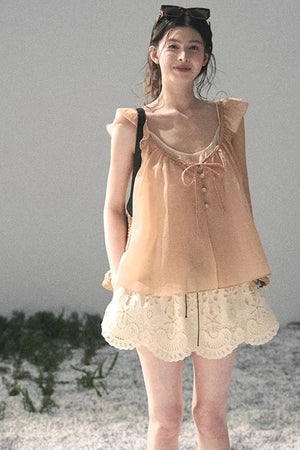 French Flutter Sleeve Babydoll Top Set