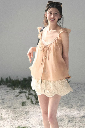 French Flutter Sleeve Babydoll Top Set