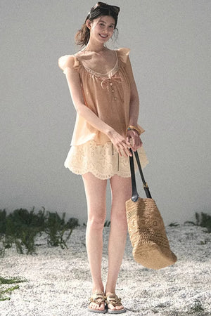 French Flutter Sleeve Babydoll Top Set