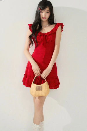 French Flutter Sleeve Ruffle Dress
