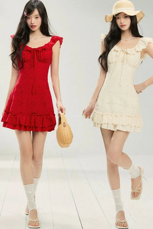 French Flutter Sleeve Ruffle Dress