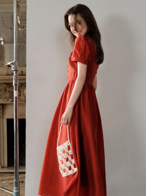 French Hepburn Red Short Sleeve Dress