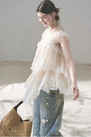 French Irregular Lace Mesh Top Set-Up