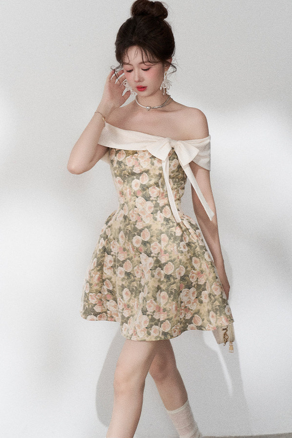 French Jacquard Off-Shoulder Dress