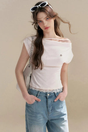 French Lace Off-Shoulder T-Shirt