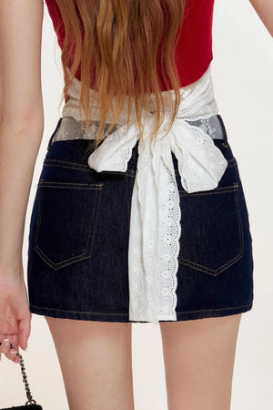 French Lace-panel A-line Denim Skirt