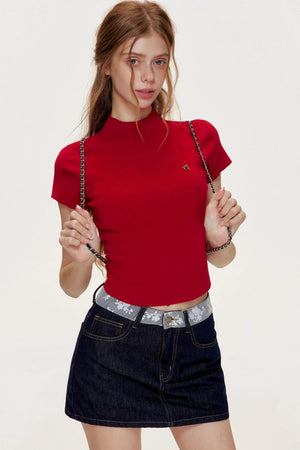 French Lace-panel A-line Denim Skirt