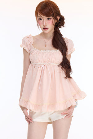 French Lace Puff Sleeve Tie Top and Shorts Set