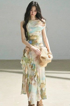 French Off-Shoulder Oil Painting Style Dress