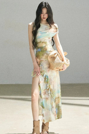 French Off-Shoulder Oil Painting Style Dress