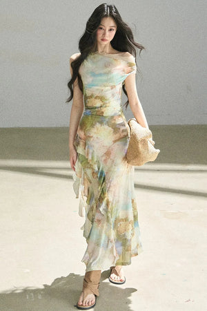 French Off-Shoulder Oil Painting Style Dress