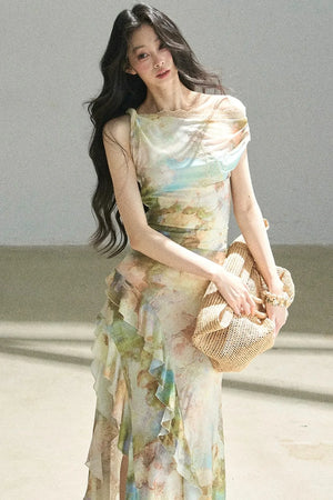 French Off-Shoulder Oil Painting Style Dress