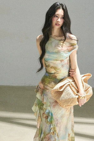 French Off-Shoulder Oil Painting Style Dress
