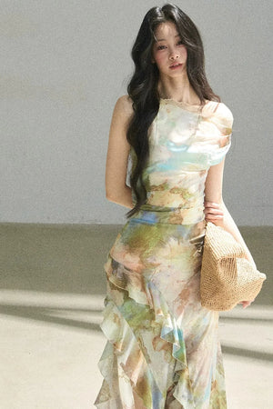 French Off-Shoulder Oil Painting Style Dress
