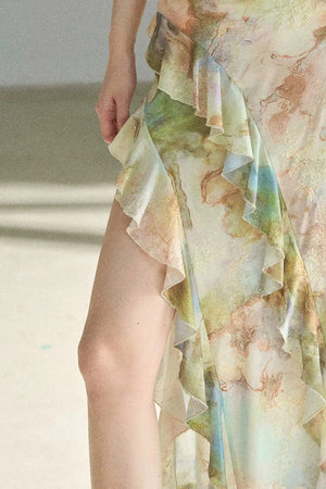 French Off-Shoulder Oil Painting Style Dress