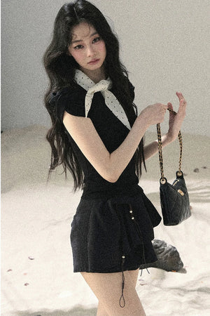 French Polka Dot Bow Puff Sleeve Top