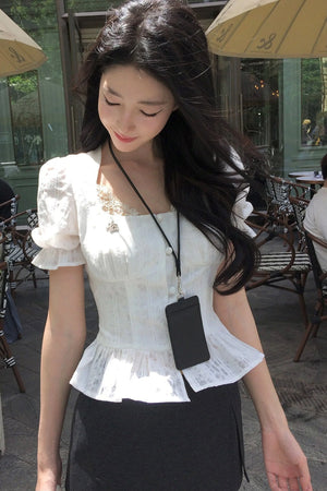 French Puff-Sleeve Button-Up Top