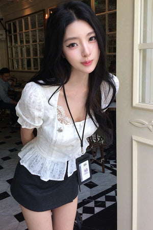 French Puff-Sleeve Button-Up Top