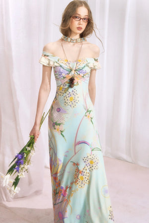 French Retro Off-Shoulder Bodycon Floral Dress