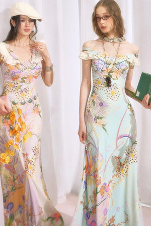 French Retro Off-Shoulder Bodycon Floral Dress