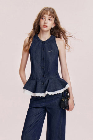 French Ruffle Denim Vest and Wide-Leg Pants Set-Up