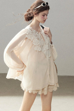 French Style Lace Trim Chiffon Top