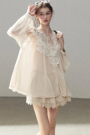 French Style Lace Trim Chiffon Top