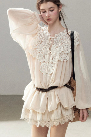 French Style Lace Trim Chiffon Top