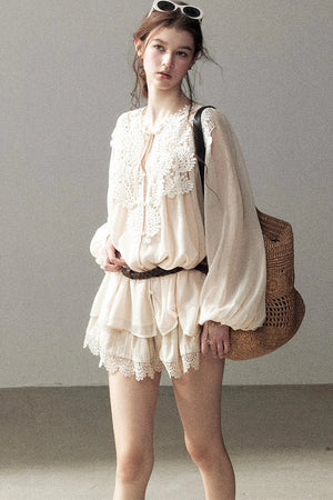 French Style Lace Trim Chiffon Top