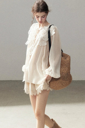 French Style Lace Trim Chiffon Top