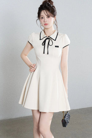 French Style Puff Sleeve Cinched Waist Dress