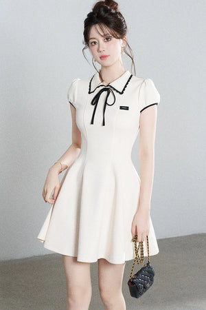 French Style Puff Sleeve Cinched Waist Dress