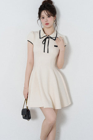 French Style Puff Sleeve Cinched Waist Dress