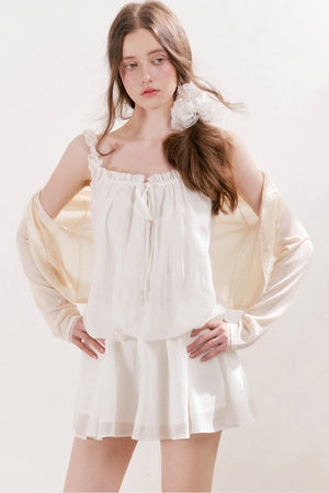 French Style Puff Sleeve Ruffle Trim Cardigan and Dress Set