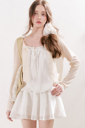 French Style Puff Sleeve Ruffle Trim Cardigan and Dress Set