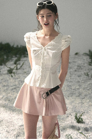 French V-Neck Lace Puff Sleeve Blouse