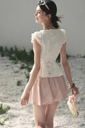 French V-Neck Lace Puff Sleeve Blouse