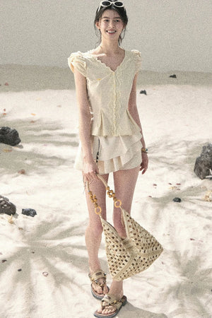 French V-Neck Lace Puff Sleeve Blouse