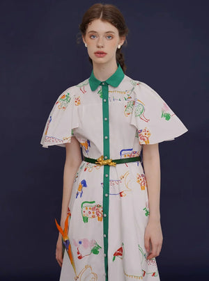 French Vintage Bird Graffiti Dress