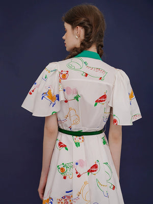 French Vintage Bird Graffiti Dress
