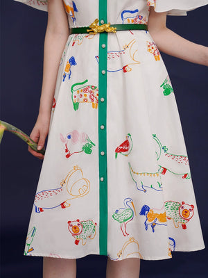 French Vintage Bird Graffiti Dress