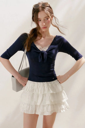 French Wave Lace Bow Blouse